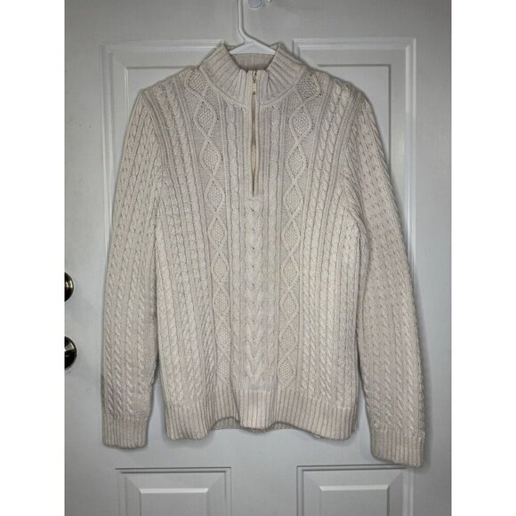 JEANNE PIERRE Vintage 1/4 Zip Cream Cable Knit Sweater Chunky Cabin Preppy XL - Picture 2 of 10